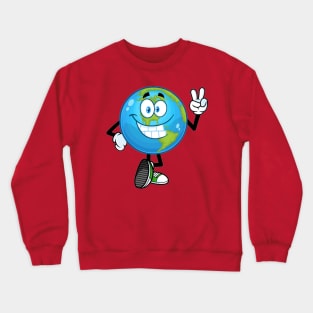 Smiling earth globe cartoon character showing peace hand sign Crewneck Sweatshirt